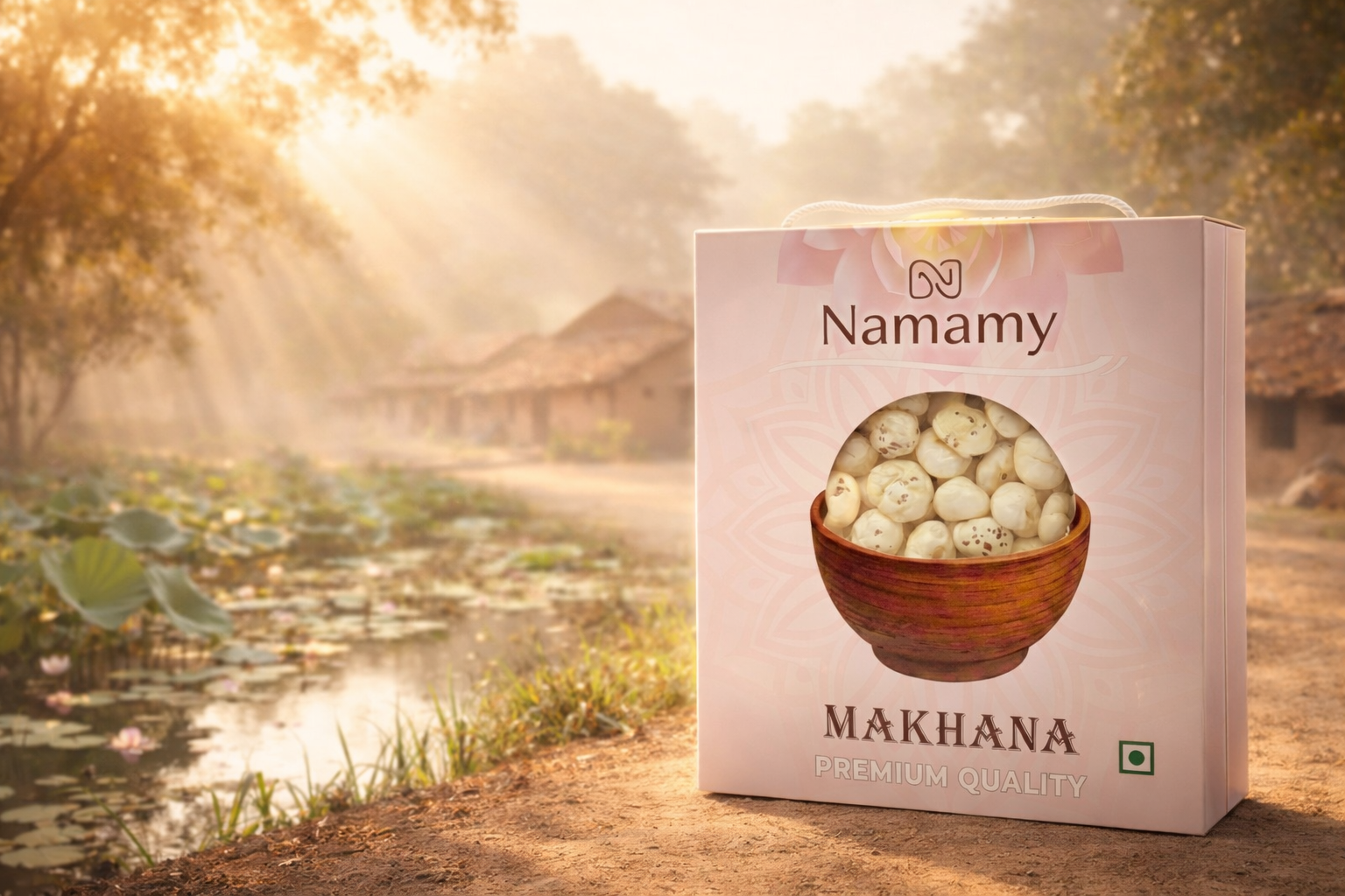 Premium Namamy makhana packaging in a cinematic rural Indian village setting, highlighting farm-to-bowl healthy snacking